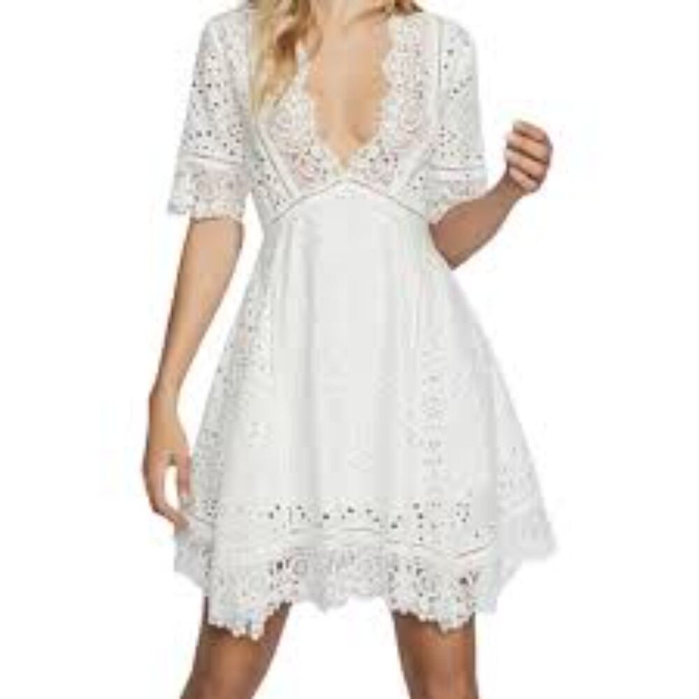 Free People Lottie Nightcap Lace Eyelet 100% Cotton Vneck 1/2 Sleeve MiniDress 2